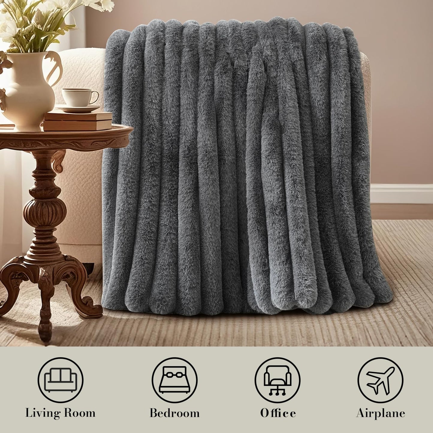 Amélie Home Jacquard Stripe Faux Fur Throw Blanket