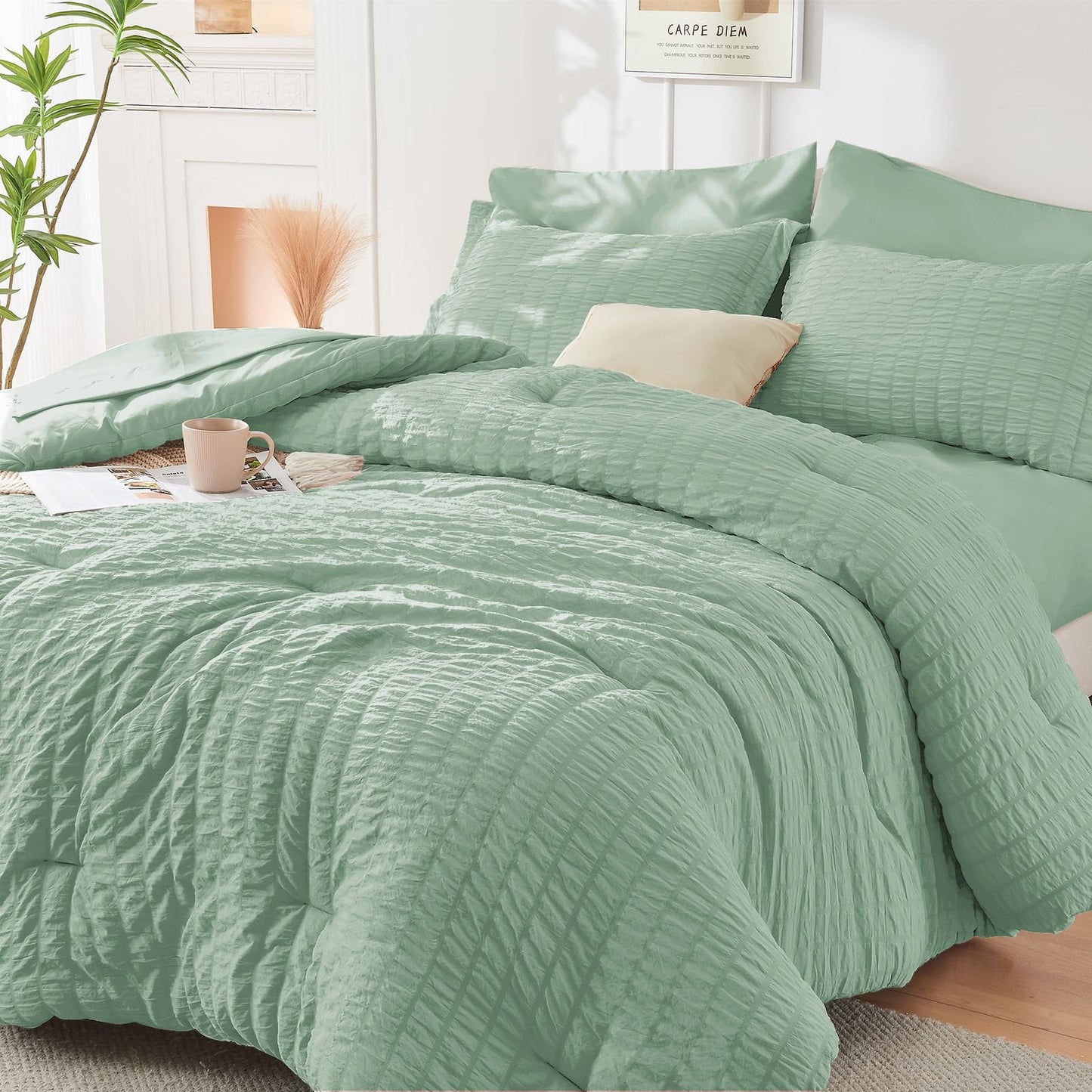 Seersucker Comforter Set 7 Piece All Season Bed in a Bag Bedding Set