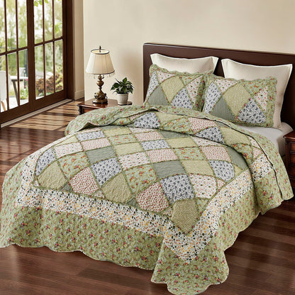 Patchwork Quilt Set Reversible 3 Piece Lightweight Floral Coverlet Bedding