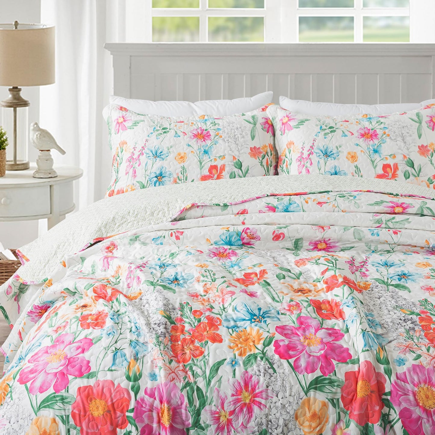 Floral Quilt Set 3 Piece Oversized Bedspread Coverlet Set Lightweight Bedding