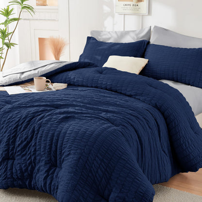 Seersucker Comforter Set 7 Piece All Season Bed in a Bag Bedding Set