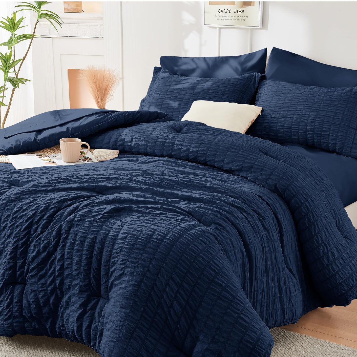 Seersucker Comforter Set 7 Piece All Season Bed in a Bag Bedding Set