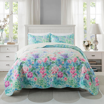 Floral Quilt Set 3 Piece Oversized Bedspread Coverlet Set Lightweight Bedding
