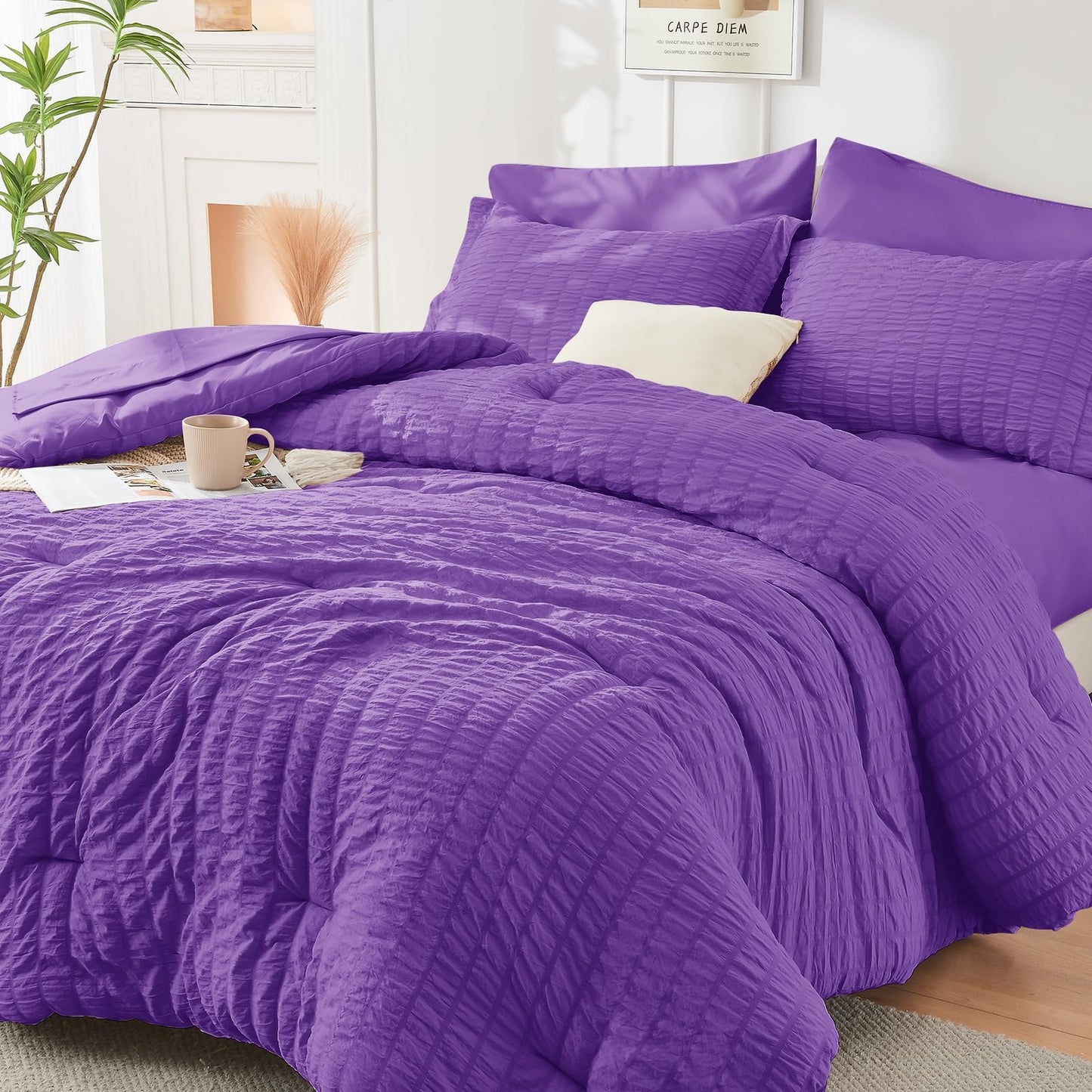 Seersucker Comforter Set 7 Piece All Season Bed in a Bag Bedding Set