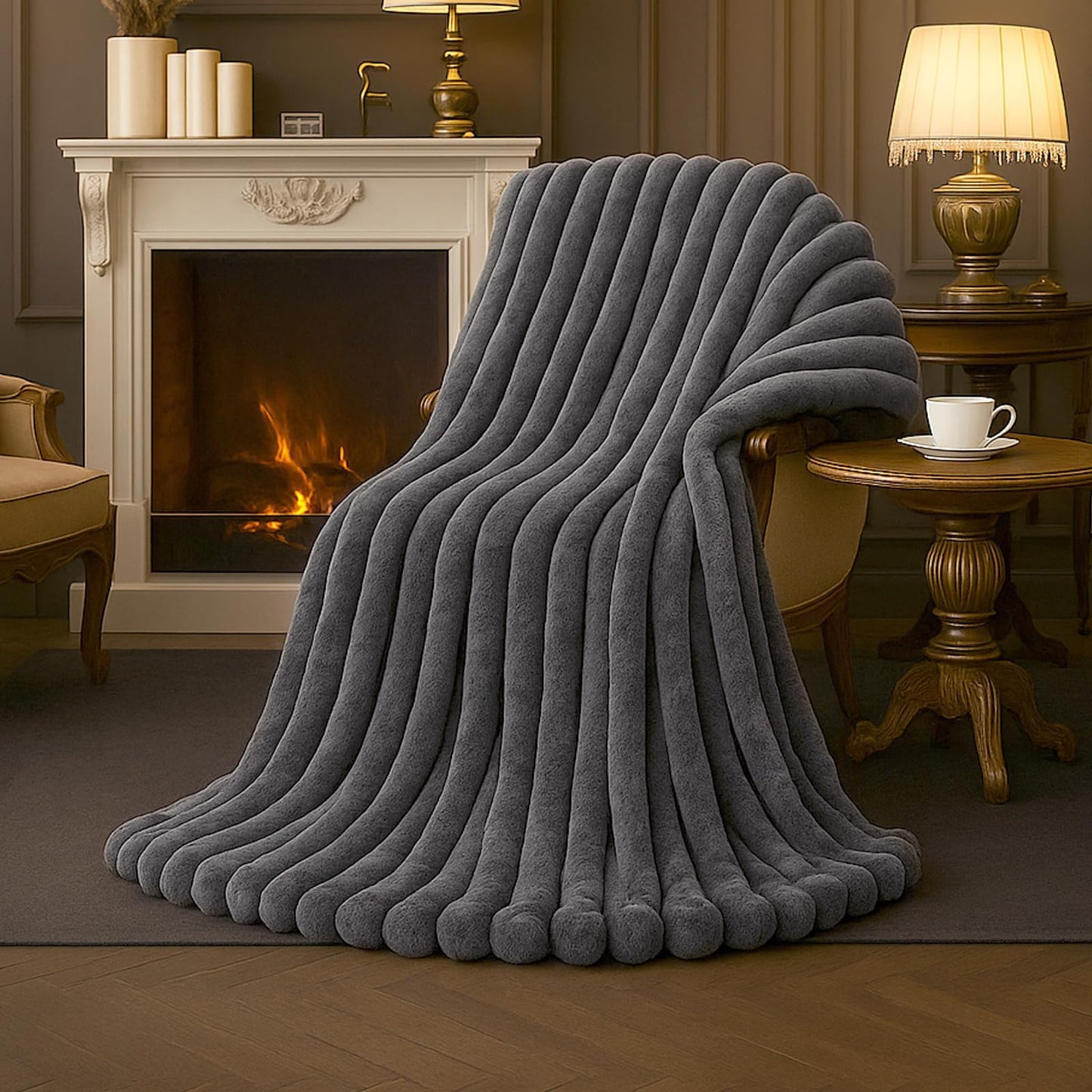 Amélie Home Jacquard Stripe Faux Fur Throw Blanket