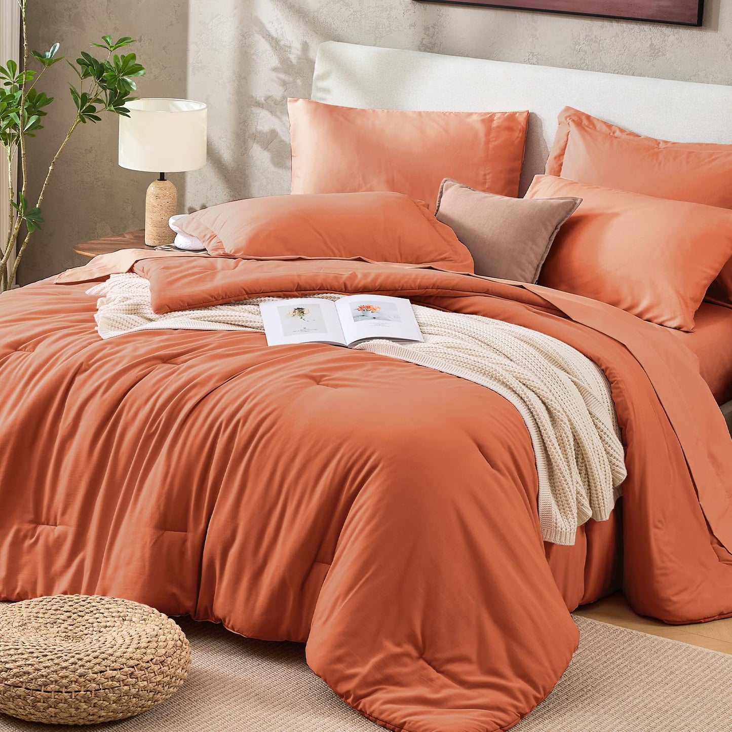 Washed Cotton Comforter Set 7 Piece Bed in a Bag Soft Breathable Bedding