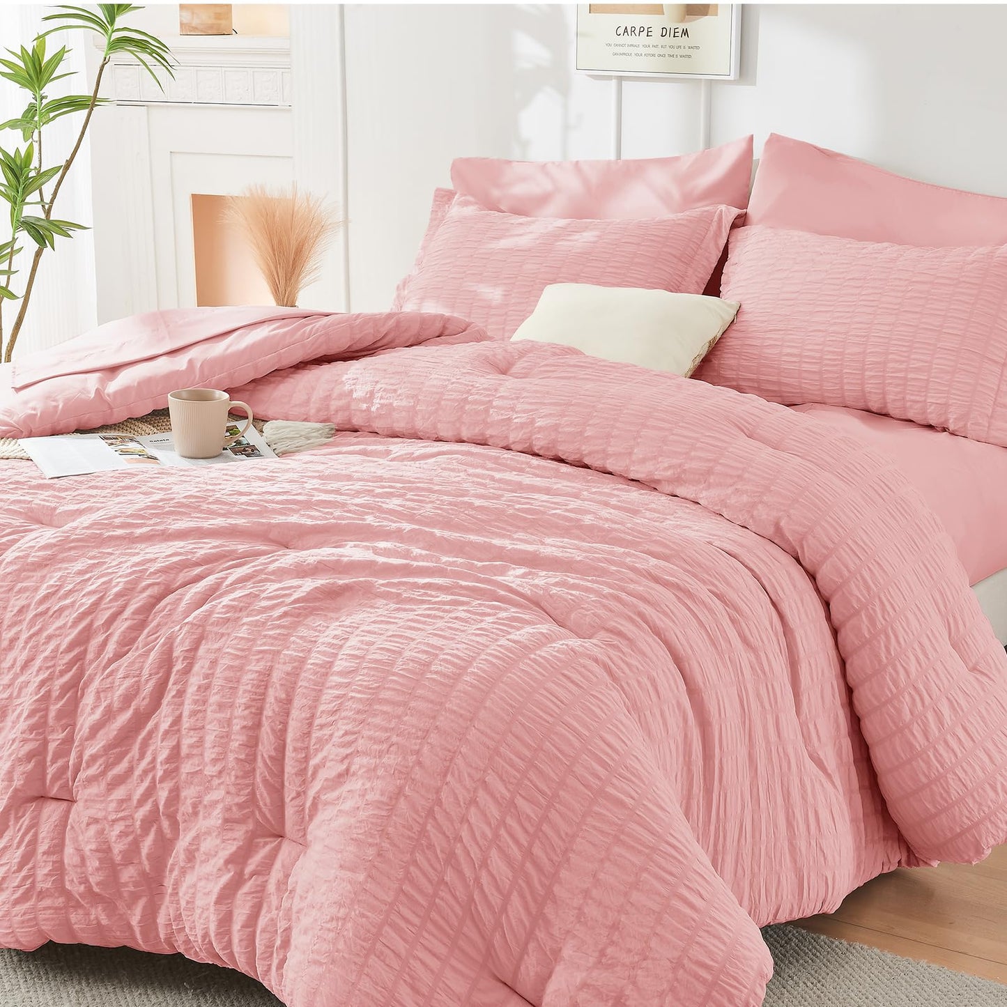 Seersucker Comforter Set 7 Piece All Season Bed in a Bag Bedding Set