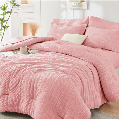 Seersucker Comforter Set 7 Piece All Season Bed in a Bag Bedding Set