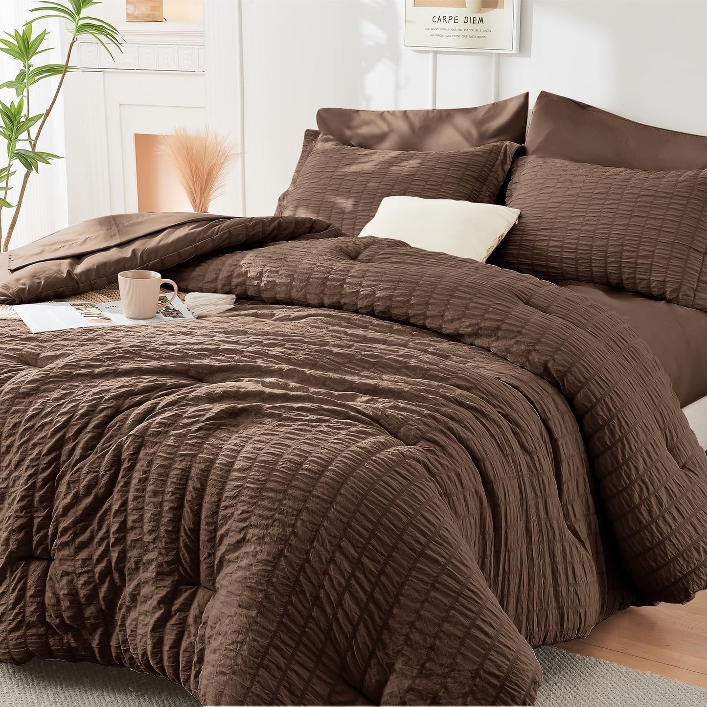 Seersucker Comforter Set 7 Piece All Season Bed in a Bag Bedding Set