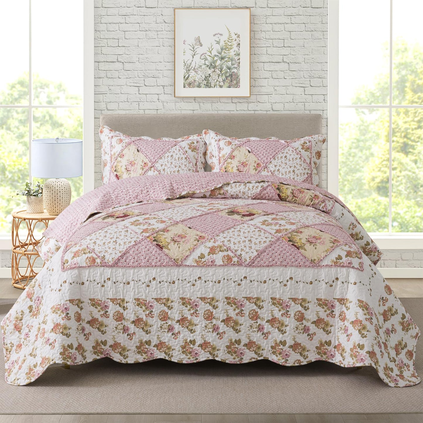 Floral Quilt Set 3 Piece Oversized Bedspread Coverlet Set Lightweight Bedding