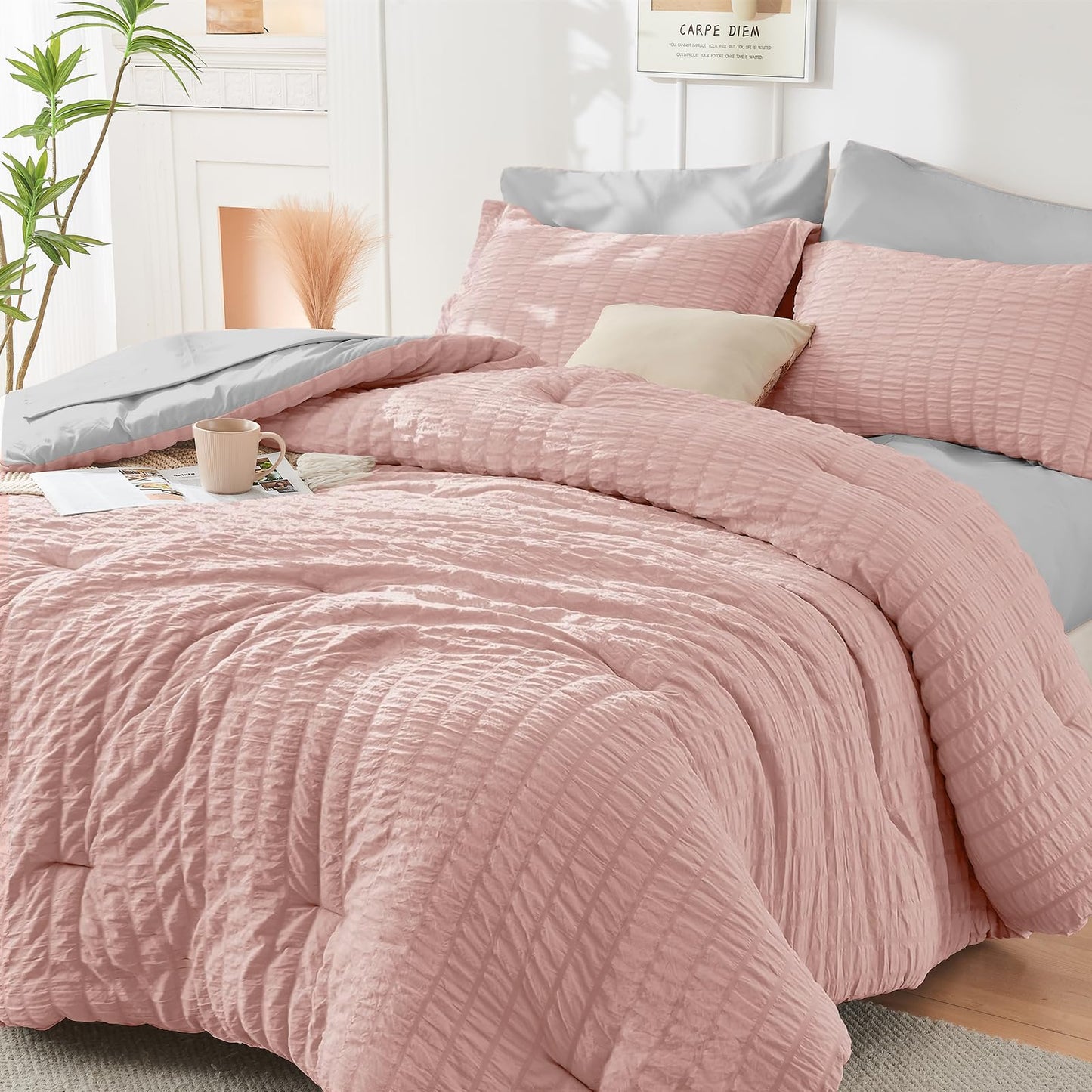 Seersucker Comforter Set 7 Piece All Season Bed in a Bag Bedding Set