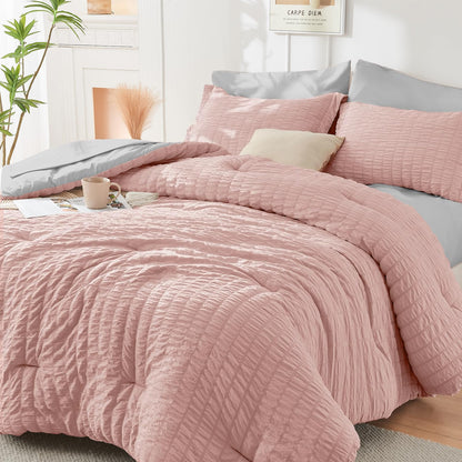 Seersucker Comforter Set 7 Piece All Season Bed in a Bag Bedding Set