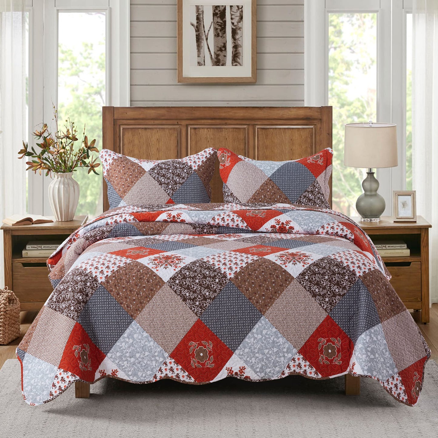 Floral Quilt Set 3 Piece Oversized Bedspread Coverlet Set Lightweight Bedding