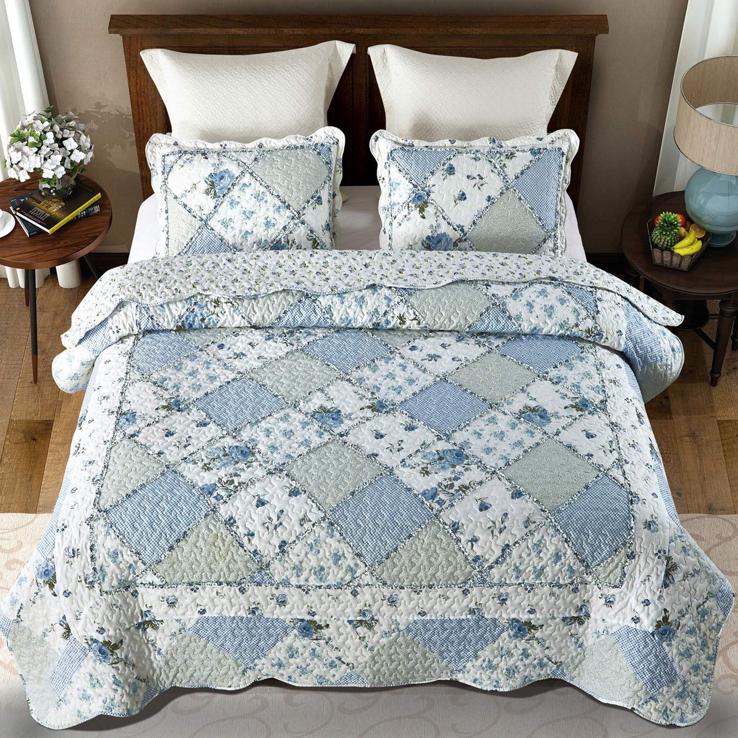 Patchwork Quilt Set Reversible 3 Piece Lightweight Floral Coverlet Bedding