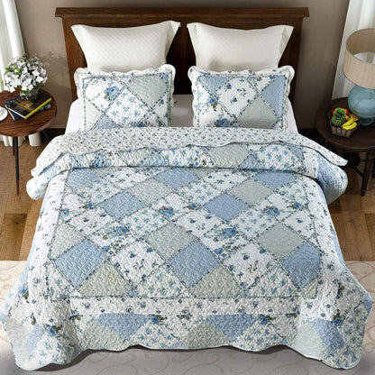 Patchwork Quilt Set Reversible 3 Piece Lightweight Floral Coverlet Bedding