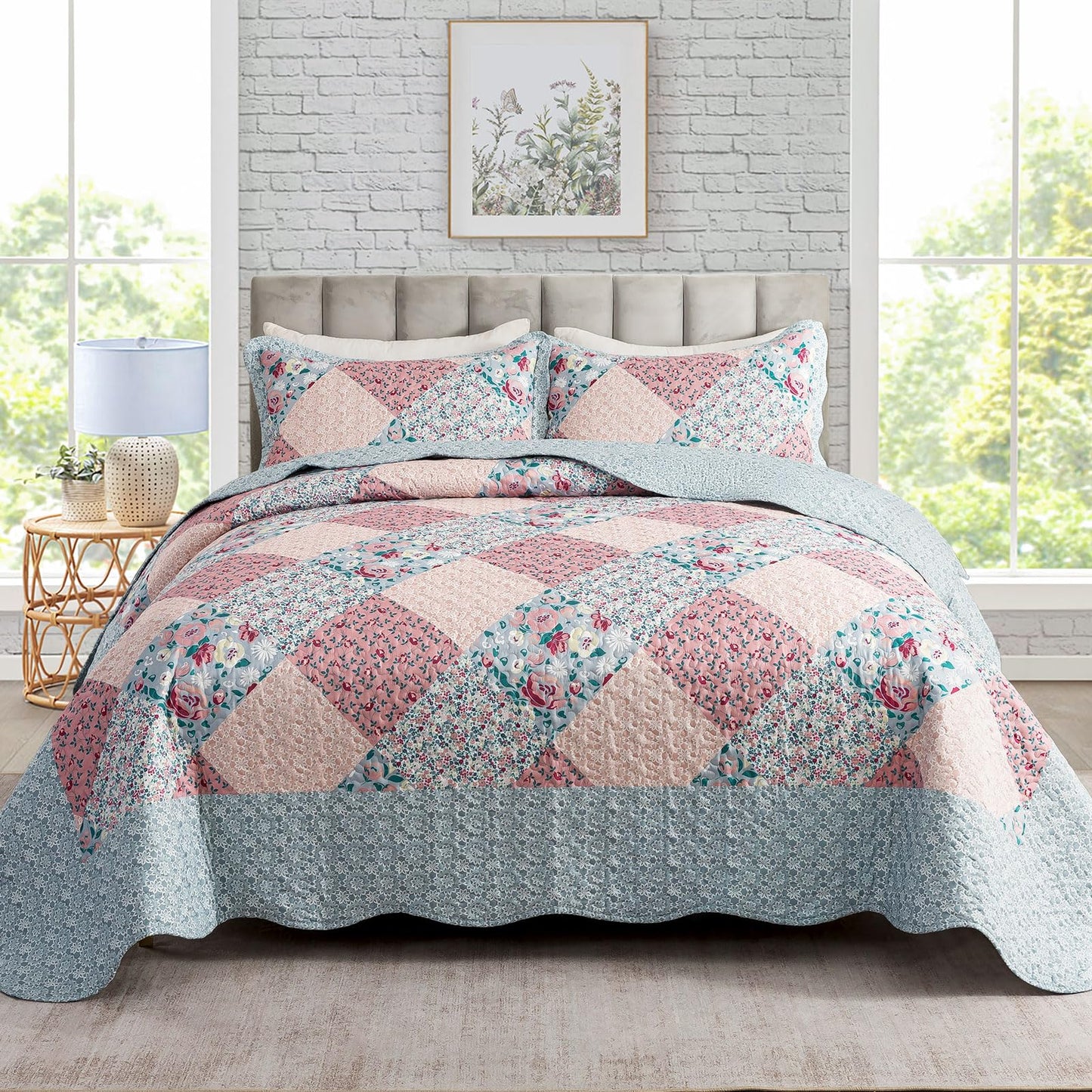 Floral Quilt Set 3 Piece Oversized Bedspread Coverlet Set Lightweight Bedding