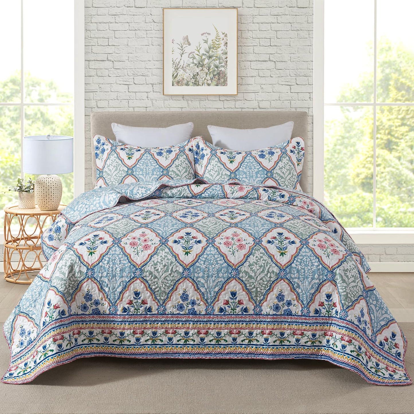 Floral Quilt Set 3 Piece Oversized Bedspread Coverlet Set Lightweight Bedding