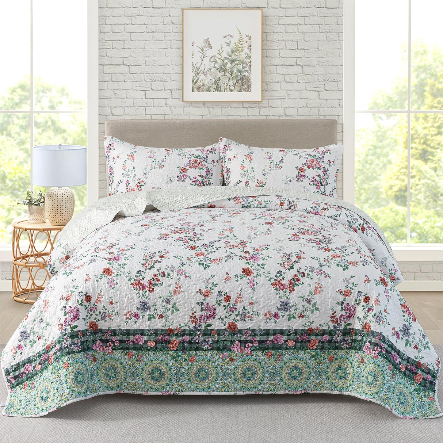 Floral Quilt Set 3 Piece Oversized Bedspread Coverlet Set Lightweight Bedding