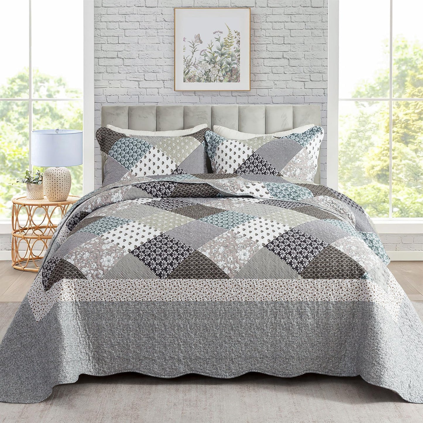 Floral Quilt Set 3 Piece Oversized Bedspread Coverlet Set Lightweight Bedding