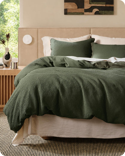 Cotton Waffle Weave Duvet Cover Set 100% Breathable All Season Bedding