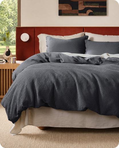 Cotton Waffle Weave Duvet Cover Set 100% Breathable All Season Bedding