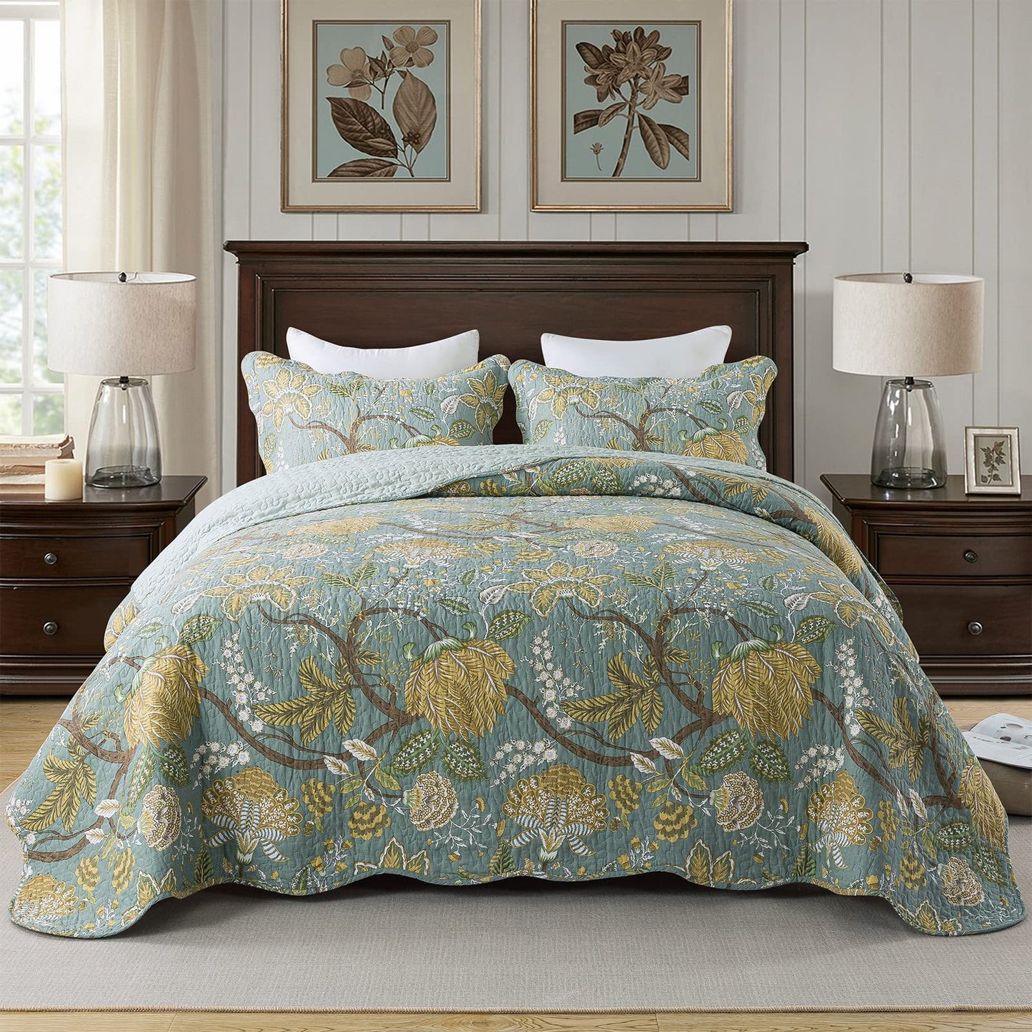Floral Quilt Set 3 Piece Oversized Bedspread Coverlet Set Lightweight Bedding