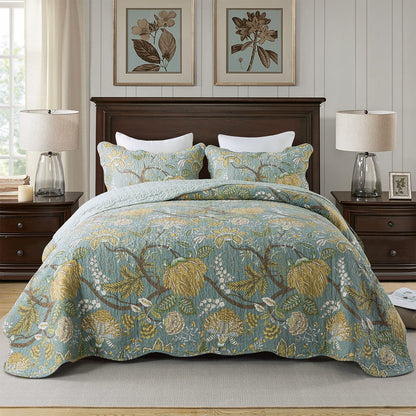 Floral Quilt Set 3 Piece Oversized Bedspread Coverlet Set Lightweight Bedding