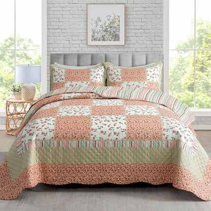 Floral Quilt Set 3 Piece Oversized Bedspread Coverlet Set Lightweight Bedding