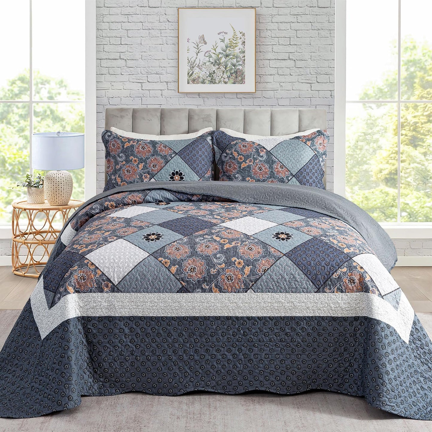 Floral Quilt Set 3 Piece Oversized Bedspread Coverlet Set Lightweight Bedding