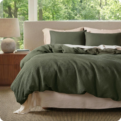 Cotton Waffle Weave Duvet Cover Set 100% Breathable All Season Bedding