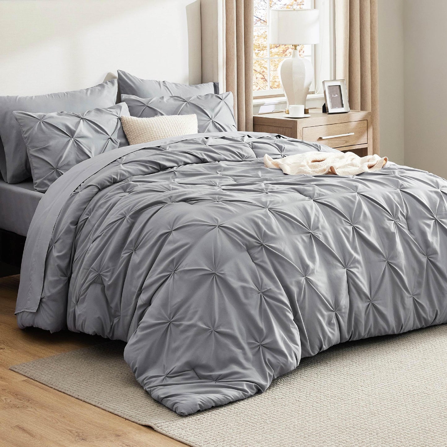 Pintuck Comforter Set Bed in a Bag 7 Piece All Season Bedding