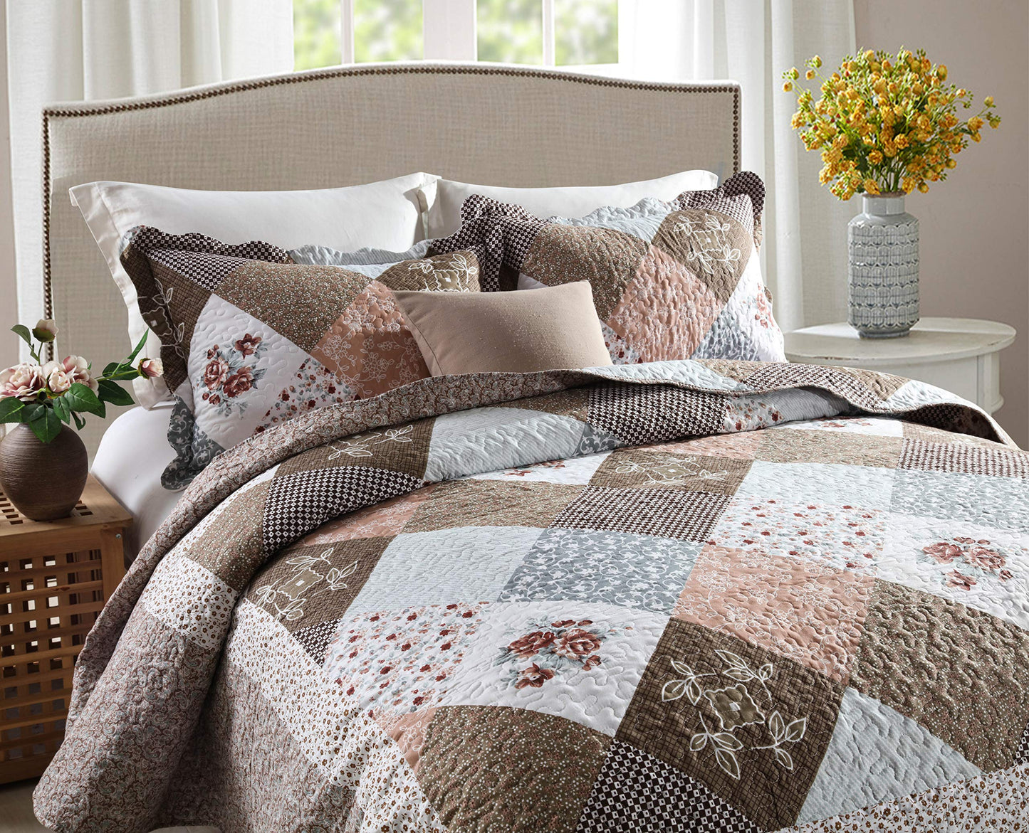 Floral Quilt Set 3 Piece Oversized Bedspread Coverlet Set Lightweight Bedding