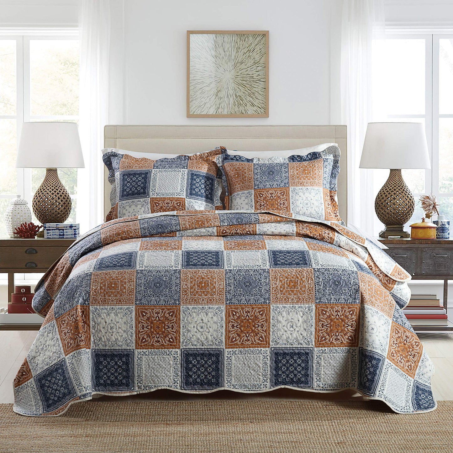 Floral Quilt Set 3 Piece Oversized Bedspread Coverlet Set Lightweight Bedding