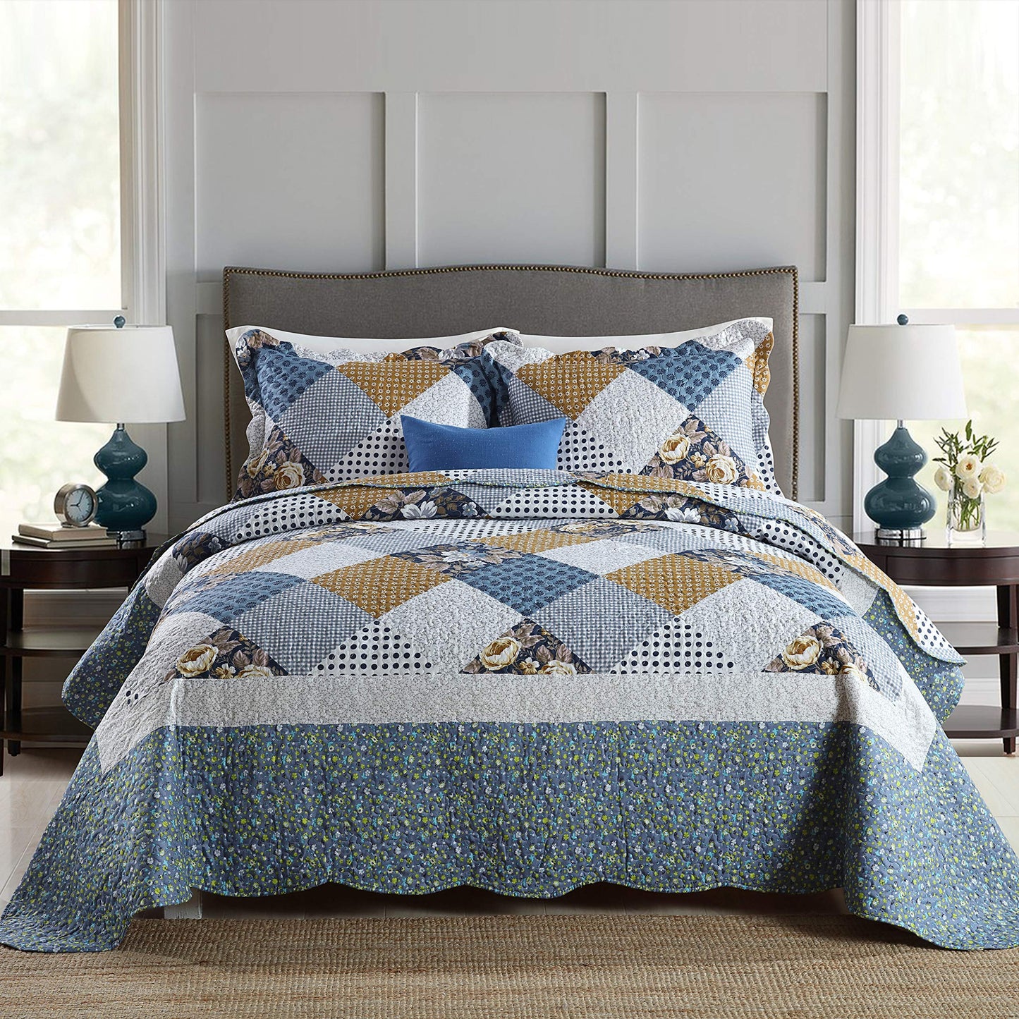 Floral Quilt Set 3 Piece Oversized Bedspread Coverlet Set Lightweight Bedding