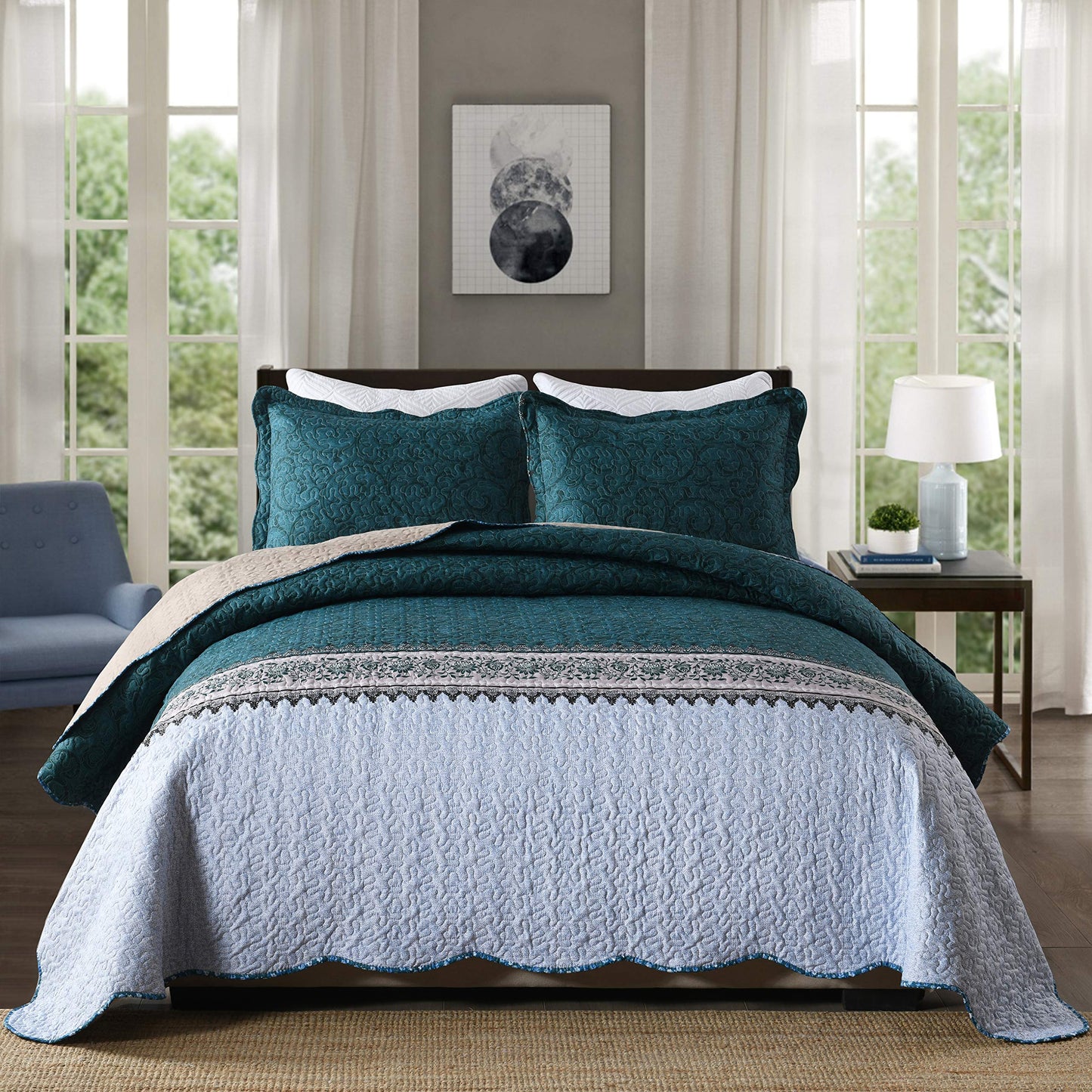 Floral Quilt Set 3 Piece Oversized Bedspread Coverlet Set Lightweight Bedding
